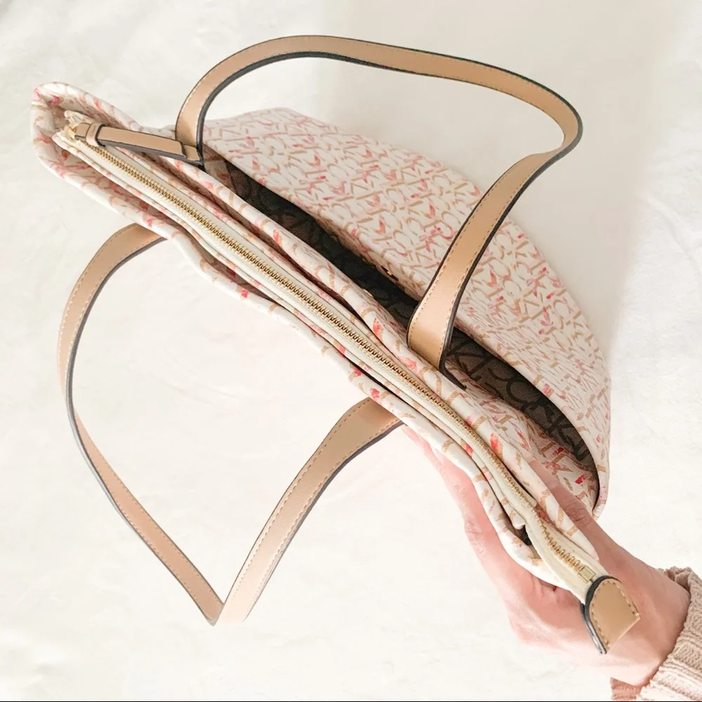 Calvin Klein Pink Cream Monogram Tote with Tan Handles